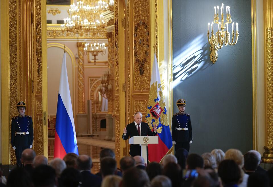 Russia President Vladimir Putin gestures as he delivers a speech as he meets his authorised representatives for the presidential election campaign in the Andreyevsky Hall of the Great Kremlin Palace, in Moscow, Russia, Wednesday, March 20, 2024. (AP Photo/Alexander Zemlianichenko)
