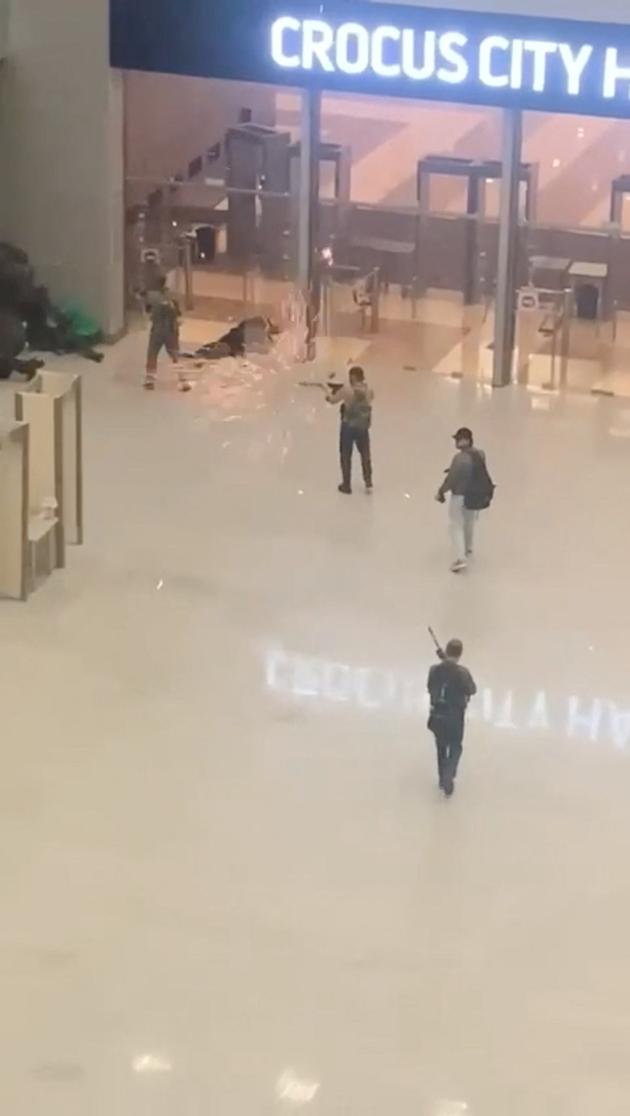 Screenshot of surveillance video showing gunmen opening fire in the lobby of the Crocus City Hall concert hall in Krasnogorsk, Moscow region, March 22, 2024