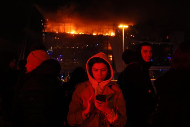 Outside the Crocus City Hall concert hall, in the aftermath of the shooting that left some 60 people dead, in Krasnogorsk, near Moscow, on March 22, 2024.