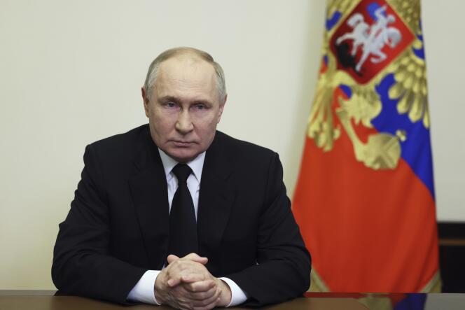 Russian President Vladimir Putin addresses the nation in Moscow, Russia, Saturday March 23, 2024.
