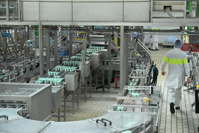 Une ligne de production de yaourts dans une usine d’un grand grand groupe coopératif agroalimentaire français, dans l’Yonne, en septembre 2022.