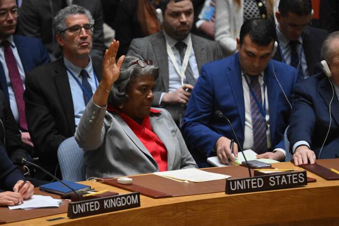 US for the United Nations  Ambassador Linda Thomas-Greenfield abstains from voting on a resolution calling for an immediate ceasefire in Gaza at the United Nations Security Council meeting, March 25, 2024.