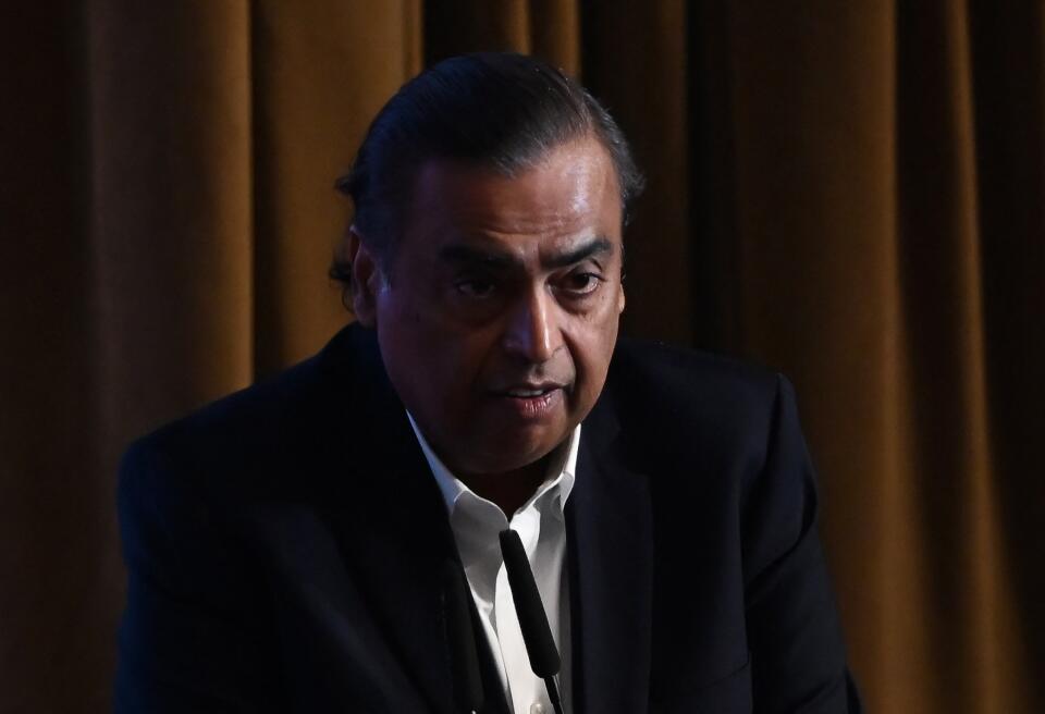 Chairman and managing director of Reliance Industries Mukesh Ambani delivers a speech during the inauguration of the Bengal Global Business Summit (BGBS) in Kolkata on November 21, 2023. (Photo by DIBYANGSHU SARKAR / AFP)