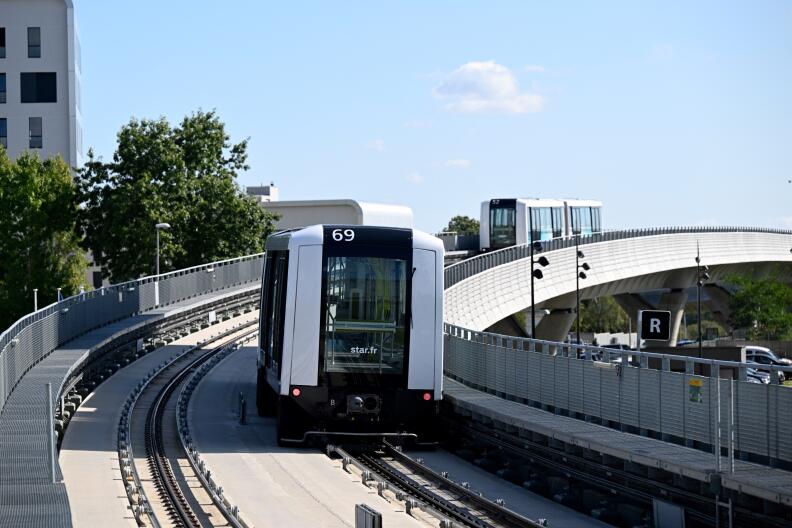 This photograph taken on September 19, 2022 shows trains operating on the new metro line B in Rennes, western France, during a press preview. The metro line B of Rennes is launched on September 20, 2022 running from southwestern Saint-Jacques - Gaîté station to the northeastern Cesson - Viasilva station and has 15 stations in a total length of 13.4 km. (Photo by Damien MEYER / AFP)