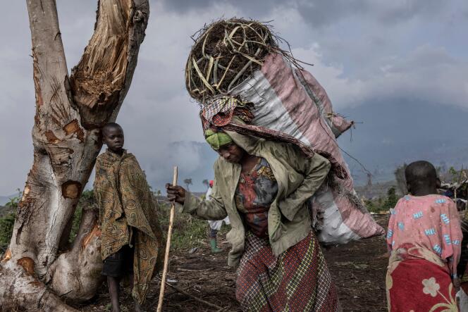 Une femme transporte du charbon de bois vers le marché de Kibati, le 13 janvier 2023. Avec la résurgence de la rébellion du M23 au nord de la ville de Goma, des dizaines de milliers de personnes se sont entassées dans des camps de fortune près du volcan Nyiragongo.