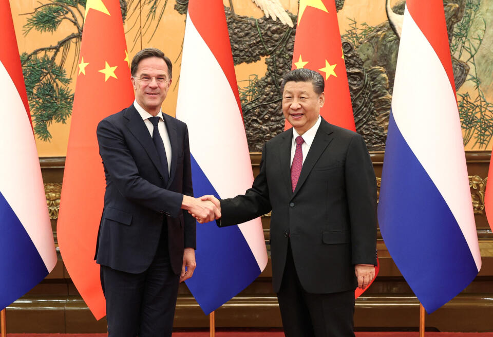 Chinese President Xi Jinping meets Prime Minister of the Netherlands Mark Rutte at the Great Hall of the People in Beijing, China March 27, 2024. China Daily via REUTERS ATTENTION EDITORS - THIS PICTURE WAS PROVIDED BY A THIRD PARTY. CHINA OUT. NO COMMERCIAL OR EDITORIAL SALES IN CHINA.