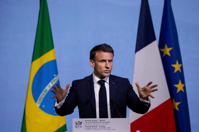 Emmanuel Macron durante il Forum economico franco-brasiliano presso la Confederazione delle industrie dello Stato di San Paolo (Brasile), 27 marzo 2024.