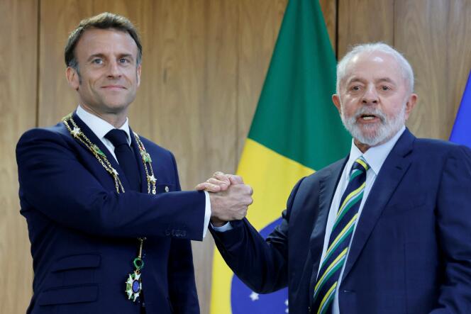 President Emmanuel Macron with the Order of the Southern Cross and Brazilian President Luiz Inacio Lula da Silva at the Planalto Palace in Brasilia on March 28, 2024.