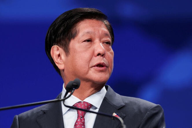 Ferdinand Marcos Jr, le président des Philippines, s’exprime lors du sommet des chefs d’entreprise de la Coopération économique Asie-Pacifique (APEC), à San Francisco, en Californie, le 15 novembre 2023.