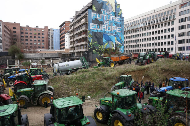 Manifestation d’agriculteurs près du Conseil européen, à Bruxelles, le 26 mars 2024.