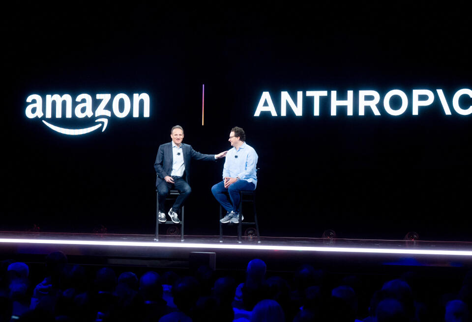 LAS VEGAS, NEVADA - NOVEMBER 28: Amazon Web Services (AWS) CEO Adam Selipsky speaks with Anthropic CEO and co-founder Dario Amodei during AWS re:Invent 2023, a conference hosted by Amazon Web Services, at The Venetian Las Vegas on November 28, 2023 in Las Vegas, Nevada. Noah Berger/Getty Images for Amazon Web Services/AFP (Photo by Noah Berger / GETTY IMAGES NORTH AMERICA / Getty Images via AFP)