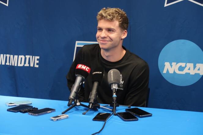 Léon Marchand at his press conference after breaking the 500-yard freestyle record on March 28, 2024, at the Indiana University Natatorium, Indianapolis, during the NCAA college finals.