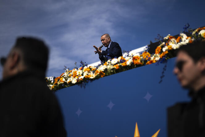 Turkish President and Justice and Development Party (AKP) leader Recep Tayyip Erdogan during a rally ahead of municipal elections in Istanbul on March 24, 2024.