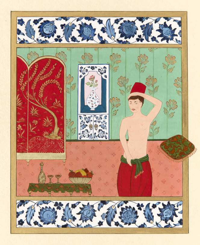 « Rose Wine and Thad », d’Onur Hastürk. Peinture, aquarelle et or sur papier, 64 × 45 cm, 2020.