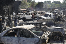 Dans un atelier de mécanique incendié lors de violences perpétrées par des gangs armés à Port-au-Prince, en Haïti, le lundi 25 mars 2024.