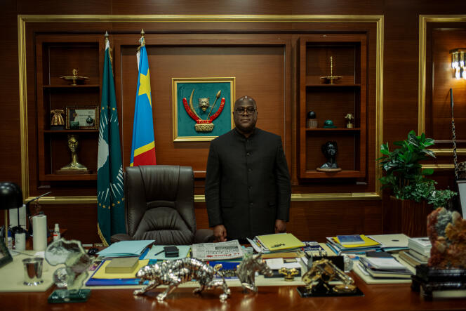 Portrait du président de la République démocratique du Congo, Félix-Antoine Tshisekedi Tshilombo, 60 ans, dans son bureau de réception au Palais de la Nation, à Kinshasa, le 29 mars 2024.