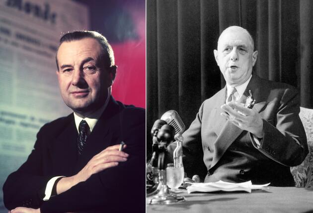 Left, Hubert Beuve-Méry at Le Monde's offices, in 1958. Right, Charles de Gaulle, in 1960.