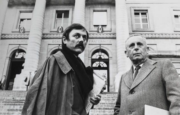 Le Monde's Philippe Boucher and Jacques Fauvet, on the steps of the Paris courthouse, circa 1980.