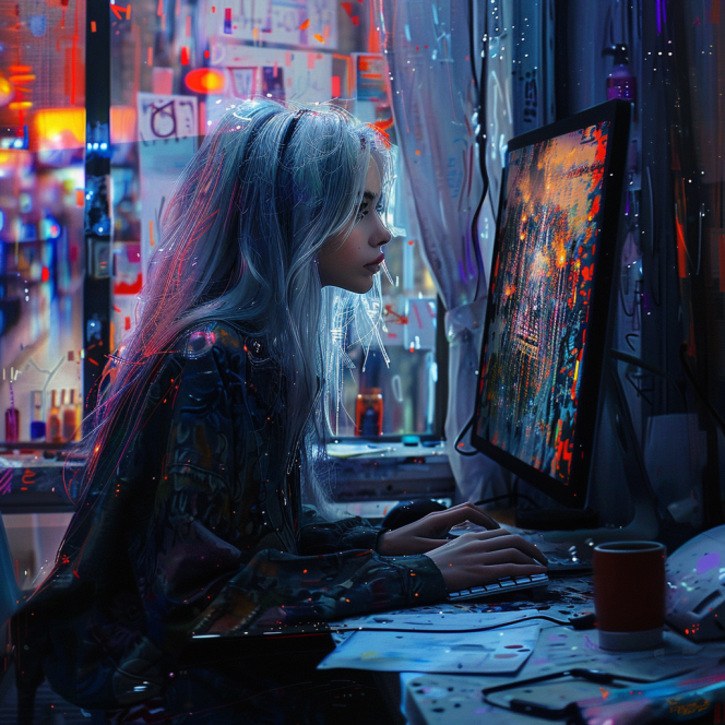 Image réalisée à l’aide de l’intelligence artificielle Midjourney, avec le prompt suivant : « /imagine une jeune femme artiste devant son ordinateur en train de créer une oeuvre d’art avec une intelligence artificielle ; EmotionScape ; RealityEffect ; PhotoRealist ».