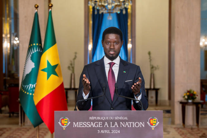 Senegal's newly elected president Bassirou Diomaye Faye addresses the nation ahead of Senegal's independence day at the presidential palace in Dakar, Senegal, April 3, 2024.