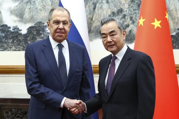 Russian Foreign Minister Sergei Lavrov and his Chinese counterpart, Wang Yi, in Beijing, April 9, 2024.