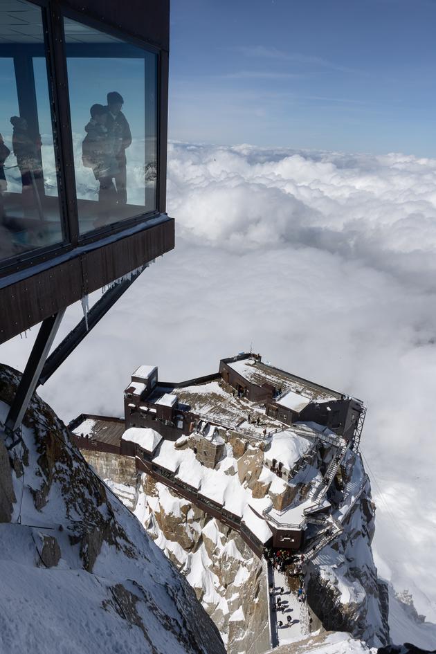 Below, the rocky peak on which the arrival station for the Aiguille du Midi cable car will be built, in Chamonix (French Alps), on April 2, 2024.