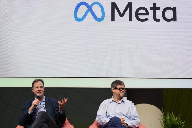 Nick Clegg, responsable des affaires publiques de Meta, et Yann LeCun, chef scientifique au sein du groupe, lors de la Journée de l’IA de Meta, à Londres, mardi 9 avril. 