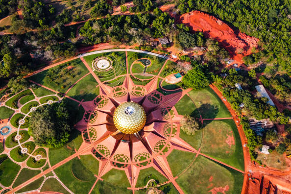Arial View of Auroville. March, 1st, 2021. Auroville is an experimental township in Viluppuram district mostly in the state of Tamil Nadu, India with some parts in the Union Territory of Puducherry in India