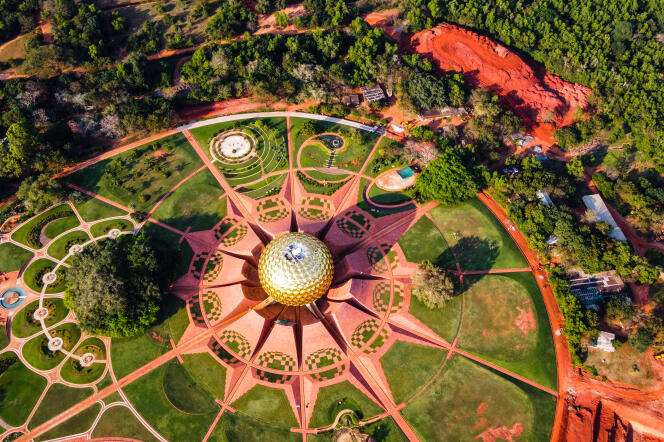 Vue aérienne d’Auroville, dans le district de Viluppuram, dans l’Etat du Tamil Nadu, en Inde, le 1ᵉʳ mars 2021.