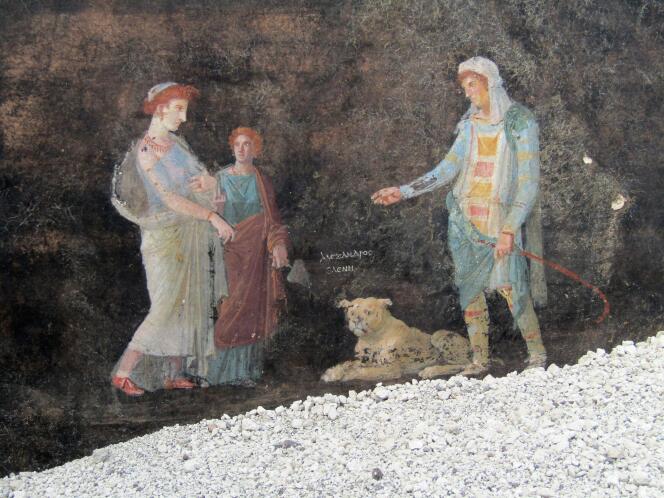 Fresque découverte à Pompéi représentant Hélène, épouse de Ménélas, le roi de Sparte, et Pâris, le prince troyen qui enleva ce dernier.