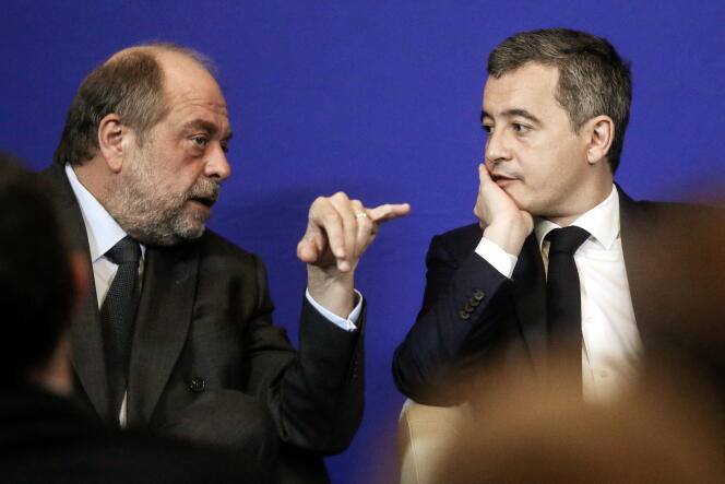 Eric Dupond-Moretti, ministre de la justice, et Gérald Darmanin, ministre de l’intérieur, à Paris, le 5 avril 2024.  