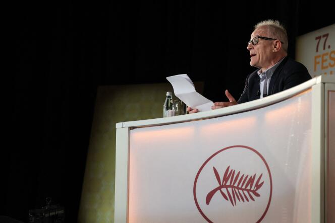 Thierry Frémaux, General Delegate of the Cannes Film Festival, presents the selection of the 77th edition, at the UGC Normandie, Paris, on April 11, 2024.