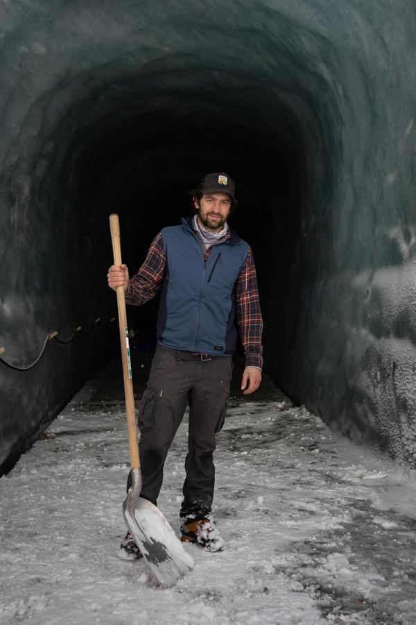 Antoine Claret-Tournier working in the Grotte de Glace, Chamonix, April 2, 2024.