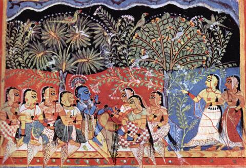 1166507 India: Gita Govinda manuscript, Krishna and the Gopis in the Forest (c. 1550).; (add.info.: The Gita Govinda is a work composed by the 12th-century poet, Jayadeva, who was born in Kenduli Sasan near Puri in Orissa. It describes the relationship between Krishna and the gopis (female cow herders) of Vrindavana, and in particular one gopi named Radha. This work has been of great importance in the development of the bhakti traditions of Hinduism. The Gita Govinda is organized into twelve chapters. Each chapter is further sub-divided into twenty four divisions called Prabandhas. The prabandhas contain couplets grouped into eights, called Ashtapadis. The text also elaborates the eight moods of Heroine, the Ashta Nayika in its verses, which over the years has been an inspiration for many a compositions and choreographic works in Indian classical dance.); Pictures from History; it is possible that some works by this artist may be protected by third party rights in some territories.