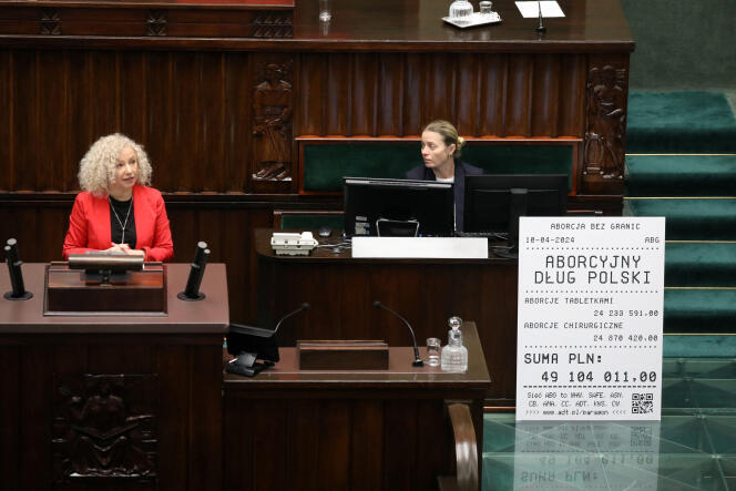 Polish Equality Minister Katarzyna Kotula speaks during a debate on legalizing access to abortion in the Polish parliament in Warsaw on April 11, 2024.