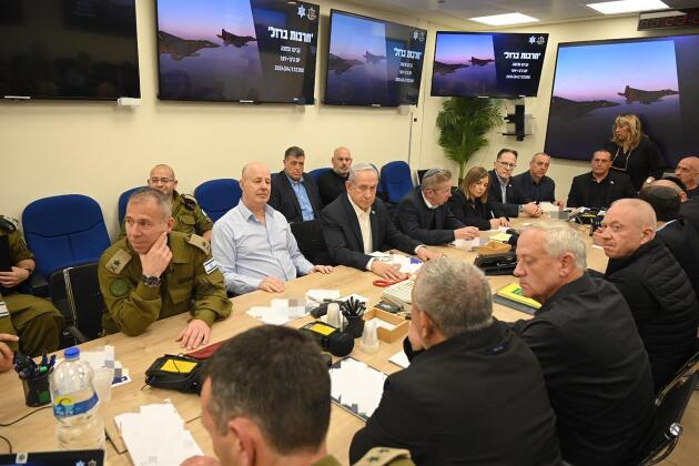 Israeli Prime Minister Benjamin Netanyahu at a War Cabinet meeting at the Kirya in Tel Aviv, Israel, April 14, 2023.