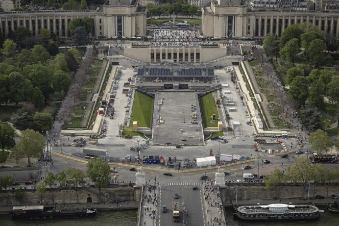 Construction is underway at the Trocadéro gardens, ahead of the Olympic opening ceremony which will be held on the Seine. Sunday, April 14, 2024 in Paris.