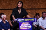 Rima Hassan, candidate aux élections européennes sur la liste de La France insoumise, lors d’un meeting à Montpellier, le 14 avril 2024. 