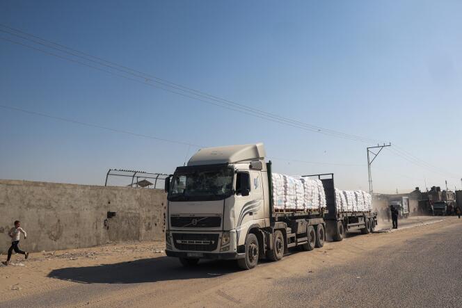 A truck carrying humanitarian aid arrives at the Kerem Shalom border crossing on April 15, 2024.