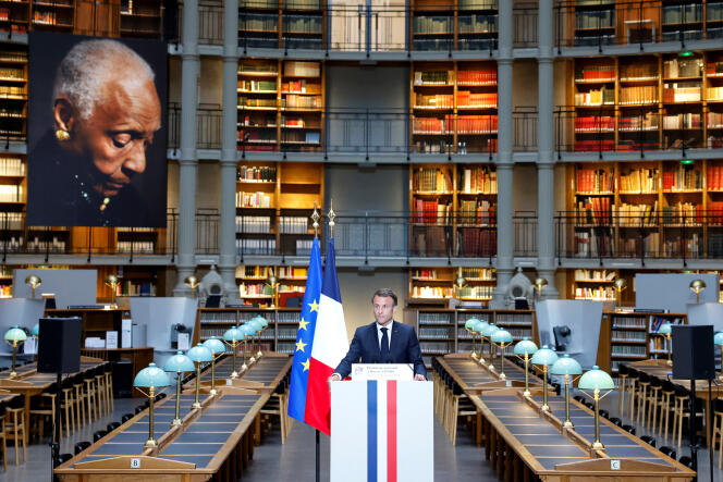 Emmanuel Macron during a dedication to Maryse Conde at the Place Richelieu of the National Library of France in Paris, April 15, 2024. 