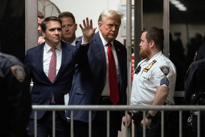 Former US President Donald Trump returns from a break at Manhattan criminal court in New York, US, on Monday, April 15, 2024. 