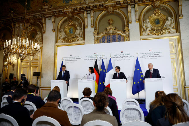 European Commissioner Janez Lenarcic, German Foreign Minister Annalena Baerbock, French Foreign and European Affairs Minister Stéphane Séjourné, and European Union foreign policy chief Josep Borrell attends a joint news conference as part of an International Humanitarian Conference for Sudan and Neighboring Countries at the French foreign ministry , in Paris, France, April 15, 2024.