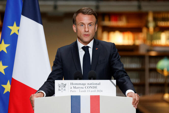 Emmanuel Macron during a speech dedicated to French journalist, literature professor and author Marise Condé at the National Library of France in Paris on April 15, 2024.
