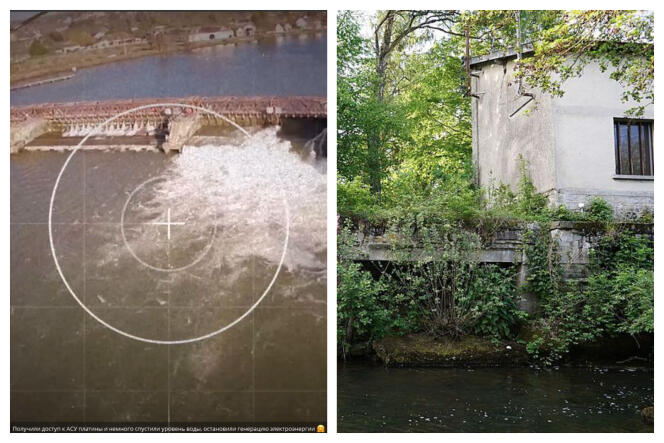A gauche, des images du barrage de Courlon-sur-Yonne tirées de la vidéo de revendication de Sandworm ; à droite, la cible réellement touchée, le moulin de Courlandon.