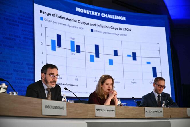 Le FMI publie ses prévisions économiques mondiales lors des ses réunions de printemps avec le groupe de la Banque mondiale, au siège du FMI à Washington, DC, le 16 avril 2024. 
