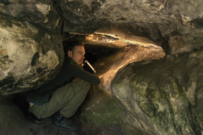 Un archéologue examine des gravures au sein du massif de Fontainebleau, en 2021.