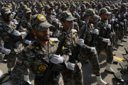 Iranian soldiers march in an Army Day parade at a military base north of Tehran, April 17, 2024.