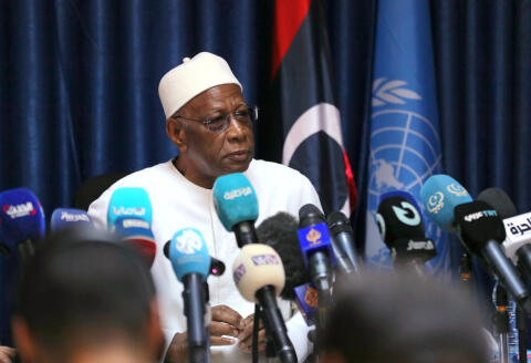 Abdoulaye Bathily, UN Special Representative for Libya and Head of the United Nations Support Mission in Libya (UNSMIL), gives a press conference in Tripoli on March 11, 2023. (Photo by Mahmud TURKIA / AFP)