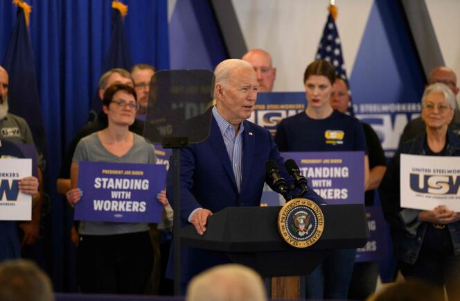 Le président des Etats-Unis, Joe Biden, s’exprime au siège du syndicat des travailleurs de l’acier, à Pittsburgh (Pennsylvanie), le 17 avril 2024.