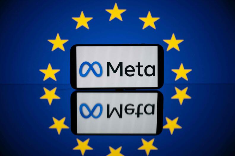 (FILES) This photograph taken on April 27, 2023 in Toulouse, southwestern Franceshows a screen displaying the Meta logo and the European flag. The European Union's central data regulator said on April 17, 2024 that online platforms like Facebook owner Meta must not force users to pay for data privacy when offering ad-free subscriptions. (Photo by Lionel BONAVENTURE / AFP)